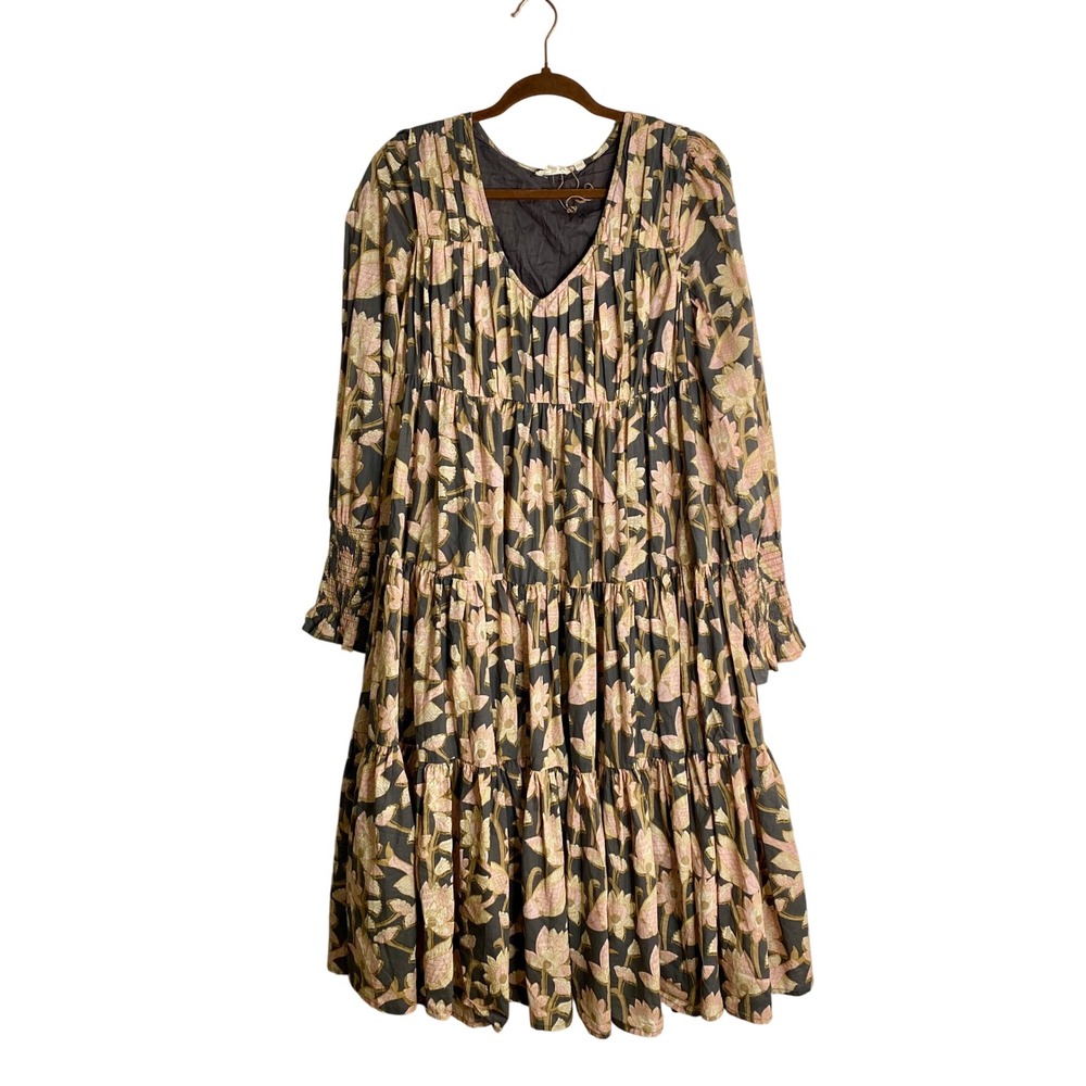 Let Me Be Anthropologie Floral Tiered Cotton Midi Dress Small Boho Cottagecore